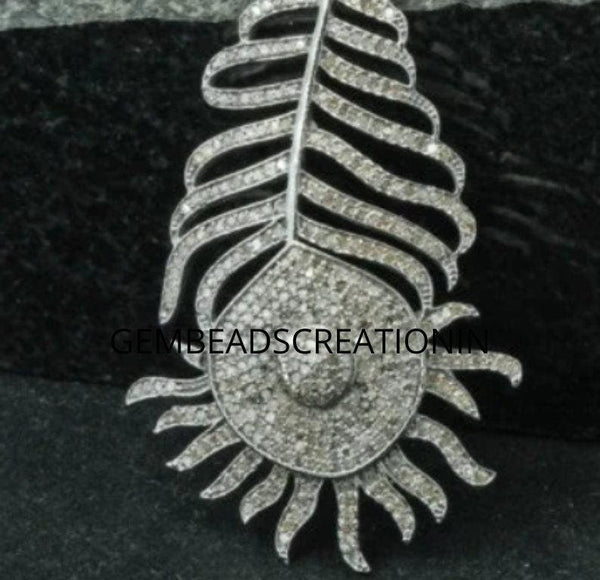 Pave Diamond Feather Leaf Pendant Diamond Pendant Pave Diamond Jewelry Feather Pendant Diamond Leaf 50x30mm 925 Silver Necklace Pendant