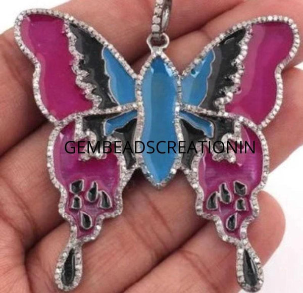 Enamel Diamond Butterfly Pendant  Butterfly Necklace 53x41mm Diamond Jewelry Pave Diamond Pendant Gift For Her 925 Silver Jewelry