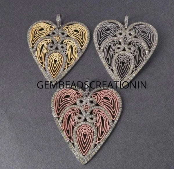 Pave Diamond Heart Pendant 925 Silver Jewelry 46x45mm Diamond Handmade Jewelry Heart Necklace Filigree Pendant Gift For Her Designer Pendant