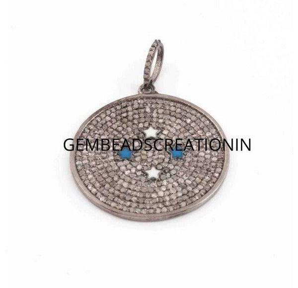 Pave Diamond Round Pendant 925 Sterling Silver 32x29mm Round Disc Pendant Diamond Jewelry Enamel Star Pendant Gift For Her Handmade Jewelry