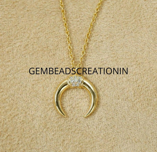 14k Solid Gold Double Horn Gold Necklace Gift Crescent Moon Diamond Necklace Handmade Jewelry Gift For Her Moon Pendant Natural Diamond