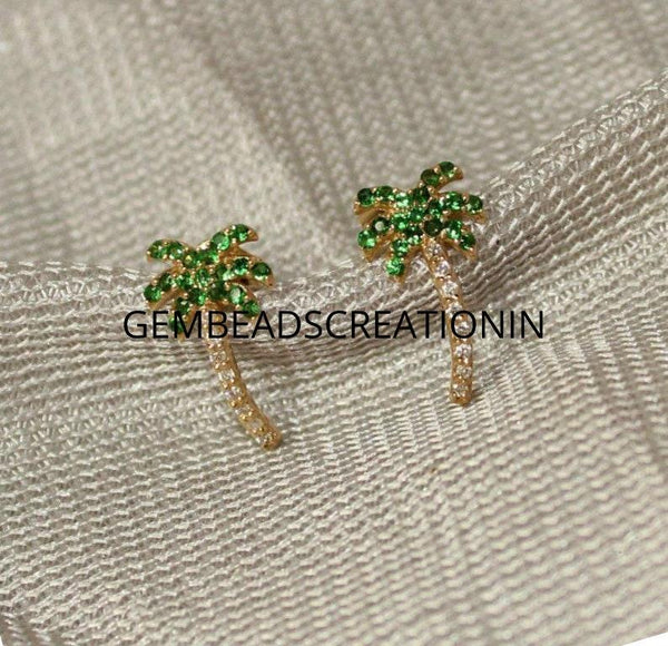 Diamond Palm Tree Stud Earring 14k Gold Tsavorite Garnet Tops Birthday Gift Solid Gold Diamond Earring Minimalist Dainty Stud Earrings