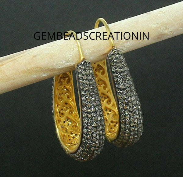 Natural Pave Diamond Teardrop Hoop Earrings 925 Silver Earrings Gift For Her Women Anniversary Gift Hoop Earrings Diamond Jewelry