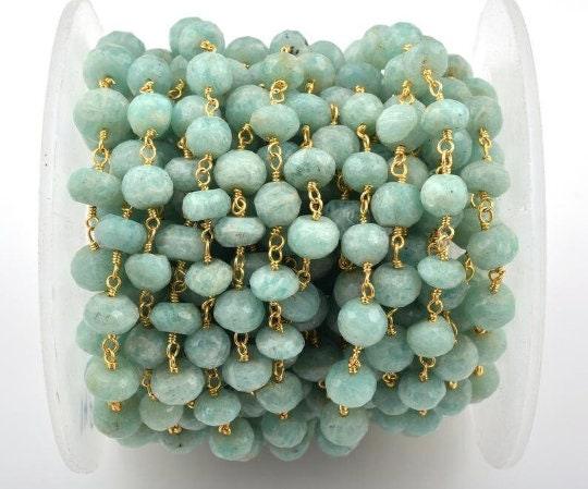 6-7mm Amazonite Rondelle Chain/Rosary Beaded Chain/Amazonite Rosary Chain/Gold Plated/Wire Wrap Chain/Gemstone Chain/Jewelry Necklace Bead