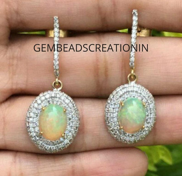 Ethiopian Opal Earring Pave Diamond Jewelry 925 Sterling Silver Diamond Opal Jewelry Gift Ideas Engagement Wedding Gift Diamond Earrings