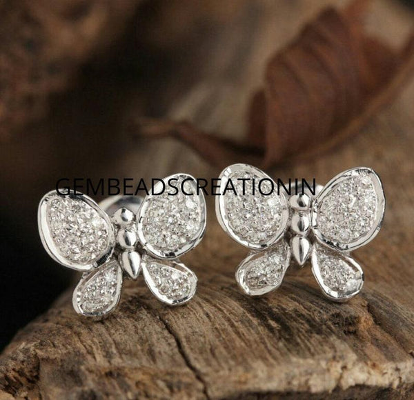 14K White Gold Butterfly Earring Studs Natural Diamond Earrings Birthday Jewelry Gift Ideas Solid Gold Jewelry