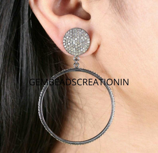 Pave Diamond Dangle Hoop Earring 925 Silver Diamond Earring Bridal Gift Boho Diamond jewelry Circle Round Hoops earrings gift for her