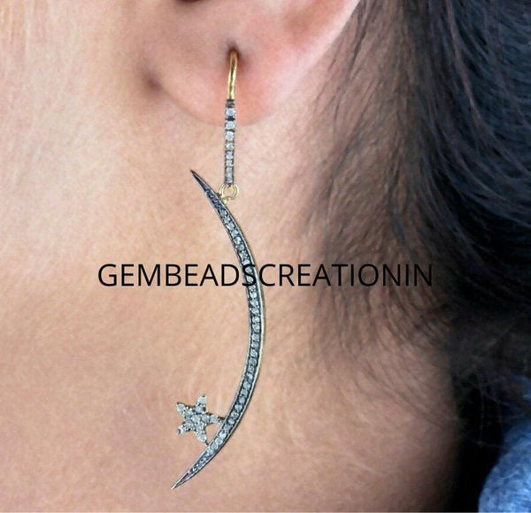 Pave Diamond Crescent Moon Star Dangle Earring Handmade Religious Jewelry Celestial Jewelry Halloween Gift jewelry earing diamond jewelry