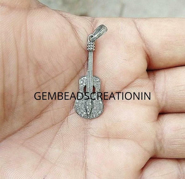 Guitar Pendant Charm 925 Sterling Silver Pave Diamond Pendant Guitar Necklace 33x11mm Diamond Handmade Jewelry Music Instrument