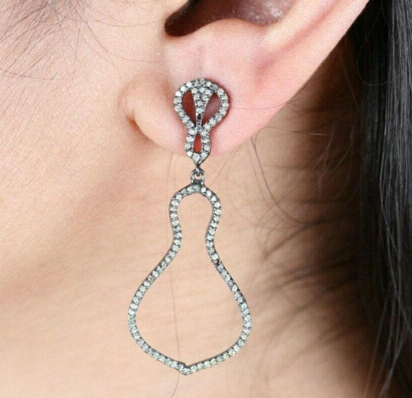 Natural Pave Diamond Dangle Earring Vintage Style Earrings 925 Sterling Silver Handmade Earring Jewelry Gift Ideas