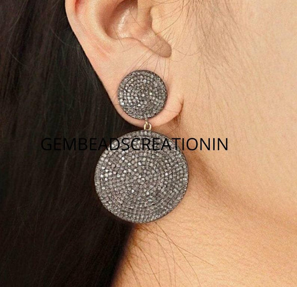 43x28mm Pave Diamond Round Dangle Earring Diamond Wedding Earring 925 Sterling Silver Handmade Earrings Gift For Her Jewelry Ideas