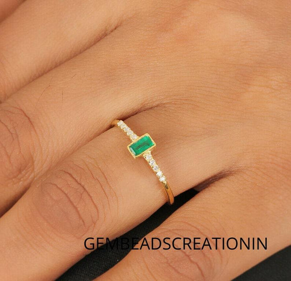 Emerald Gemstone Ring Diamond 14k Yellow Gold Handmade Fine Jewelry Diamond Gold Ring Half Eternity Bridal Ring Engagement Ring Gift Ideas