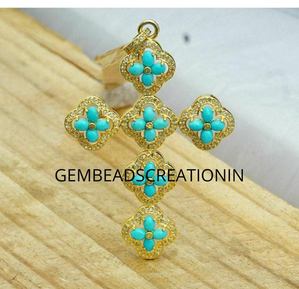 Turquoise Cross Pendant Natural Pave Diamond Pendant 925 Silver Jewelry Handmade Cross Necklace Pendant 42x65mm Unisex Gifts Idea