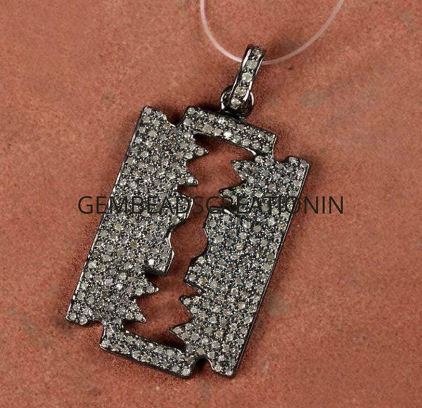 Rosecut Pave Diamond Razor Blade Pendant 40mm In 925 Sterling Silver