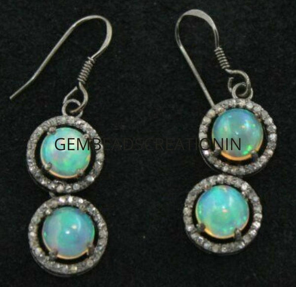 diamond opal earrings 925 silver ethiopian opal pave diamond halo dangle drop earring diamond hoop earring oval birthstone earring gifts