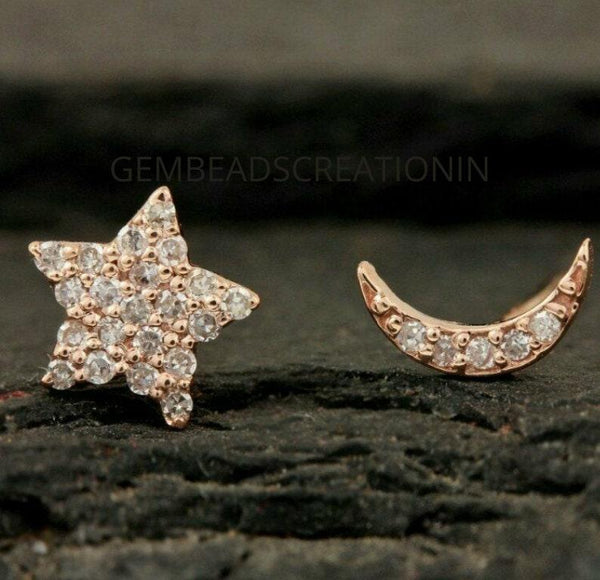 14k Diamond Crescent Moon Star Studs Celestial Jewelry Solid Gold Stud Earrings Perfect Gift Foe Her Diamond Gold Jewelry Gold Stud Earrings