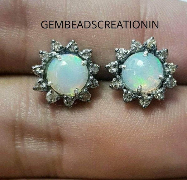 12mm Diamond Opal Stud Earring 925 Sterling Silver Wedding Gift For Her Ethiopian Opal Earrings Diamond Stud Earrings Birthday Gifts