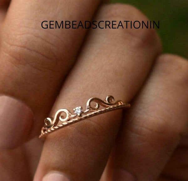 Solid 14k Gold Diamond Ring Delicate Diamond Filigree Band Tiara Ring Crown Wedding Ring Gift For Her Engagement Stacking Ring Diamond Gold