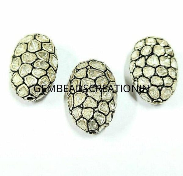 26x17mm Polki Diamond Beads 925 Silver Spacer Beads Oval Shape Beads Handmade Diamond Jewelry Beads Findings