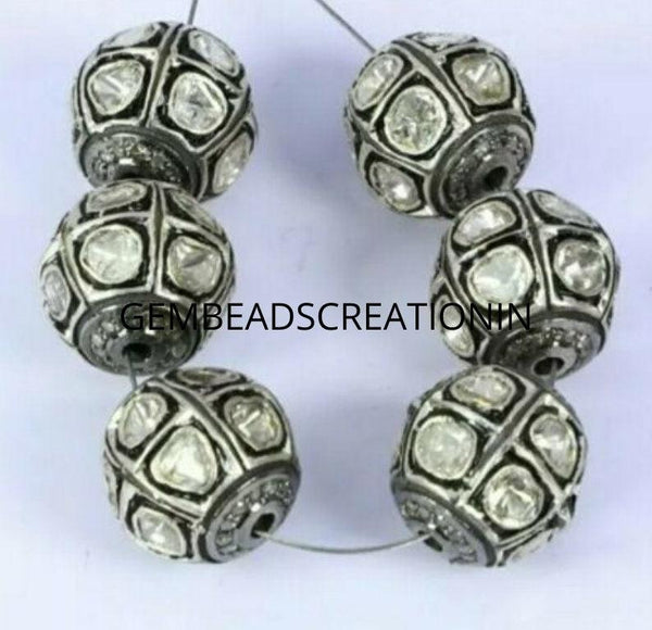 Pave Diamond Polki Beads 12mm Rosecut Ball Beads 925 Silver For Jewelry Making Diamond Jewelry Findings Handmade Beads