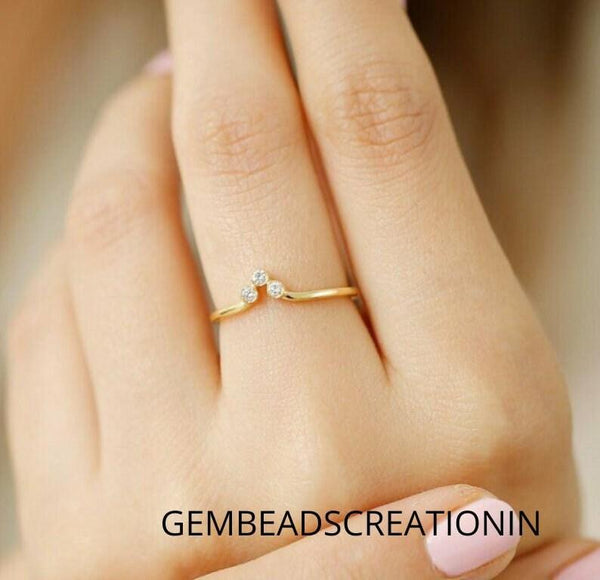 14k Solid Gold Chevron Minimalist Ring Three Diamond Ring V Shaped Ring Diamond Gold Ring Gift For Her Stacking Ring Dainty Engagement Ring