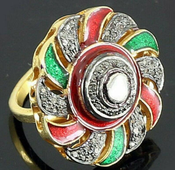 Rose Cut Diamond Enamel Ring 925 Silver Polki Ring Jewelry Victorian Women Ring Enamel Bakelite Ring Handmade Jewelry Gift For Her