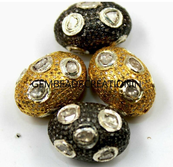 17x12mm Polki Diamond  Oval Beads Spacers 925 Silver Beads Pave Diamond Wholesale Jewelry Beads Handmade Fine Jewelry Craft Supplies