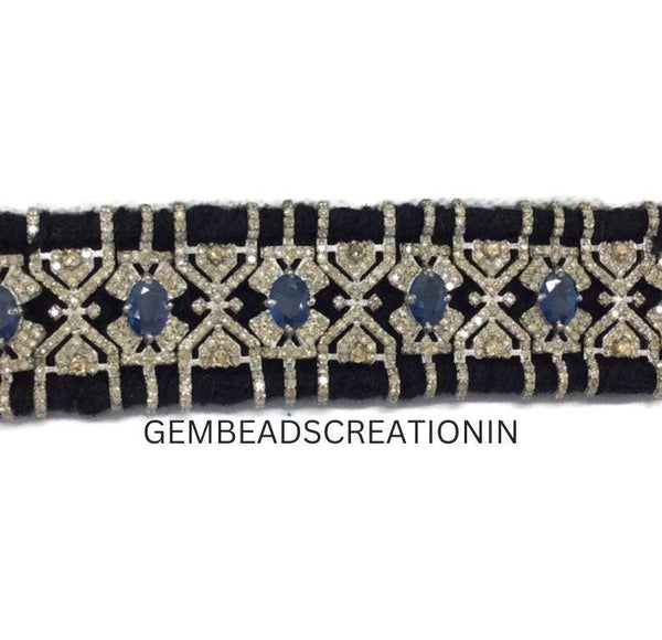 RoseCut Pave Diamond Blue Sapphire  Thread Macrame Bracelet Jewelry in 925 Sterling Silver