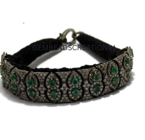 RoseCut Pave Diamond Emerald Thread Bangle Bracelet Jewelry in 925 Sterling Silver