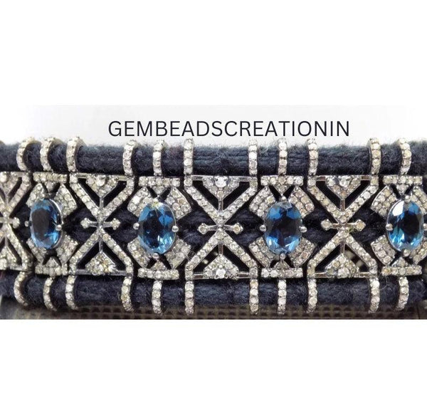 RoseCut Pave Diamond London Blue Topaz Thread Macrame Bracelet Jewelry in 925 Sterling Silver