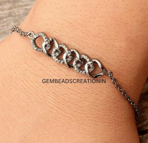 Pave Diamond Link Chain Bracelet 925 Sterling Silver Handmade Bracelet Link Bracelet Gift For Her Stacking Unisex Bracelet Jewelry