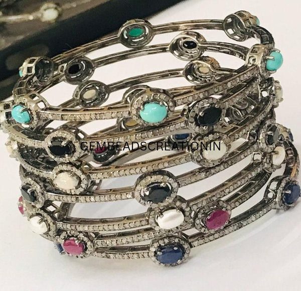 Multi Gemstone Stacking Bangle Bracelet Natural Pave Diamond Bangle Fine Handmade Jewelry Gift For Her Diamond Gemstone Minimalist Bangle