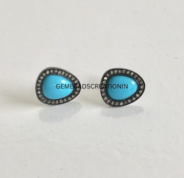 14mm Pave Diamond Turquoise Stud Earring 925 Sterling Silver Anniversary Gift For Her Turquoise Earrings Jewelry Diamond Stud Earrings