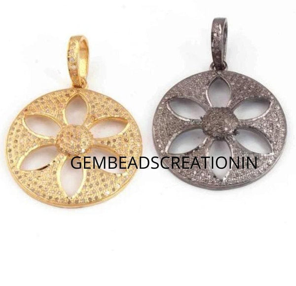 Pave Diamond Flower Pendant/33x27mm Yellow Gold Jewelry/Flower Necklace/Diamond Jewelry/Gift For Her/925 Sterling Silver Handmade Jewelry