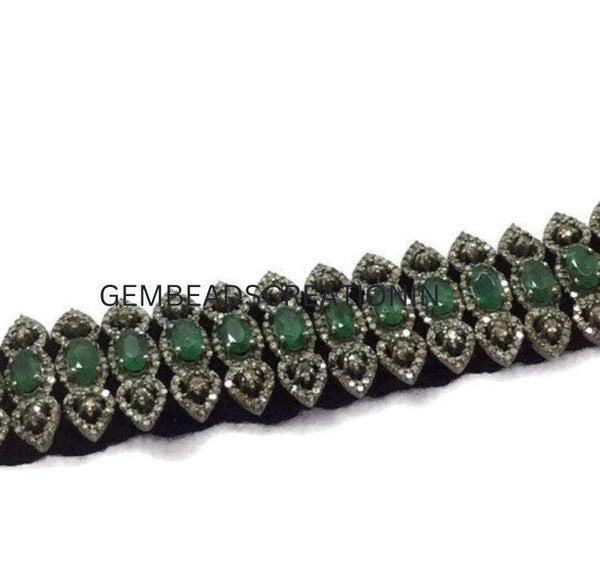 RoseCut Pave Diamond Emerald Thread Bangle Bracelet Jewelry in 925 Sterling Silver