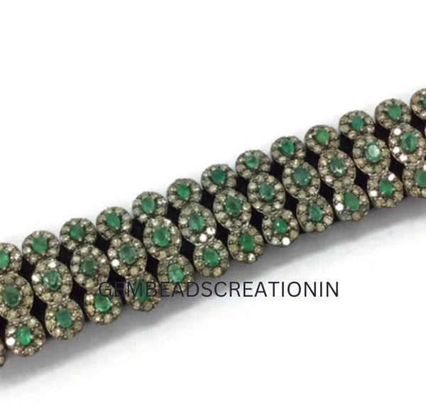 RoseCut Pave Diamond Emerald Macrame Thread Bangle Bracelet Jewelry in 925 Sterling Silver