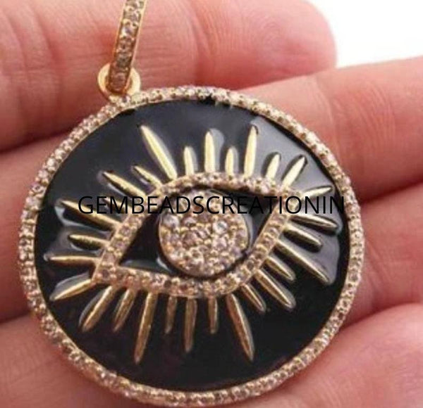 Pave Diamond Evil Eye Pendant Enamel Diamond Jewelry Round Evil Eye Pendant Pave Diamond Jewelry 36x35mm Evil Eye Necklace Protection Charm