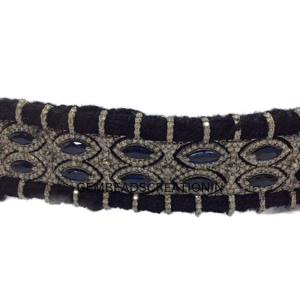 RoseCut Pave Diamond Blue Sapphire Macrame Thread Bangle Bracelet Jewelry in 925 Sterling Silver