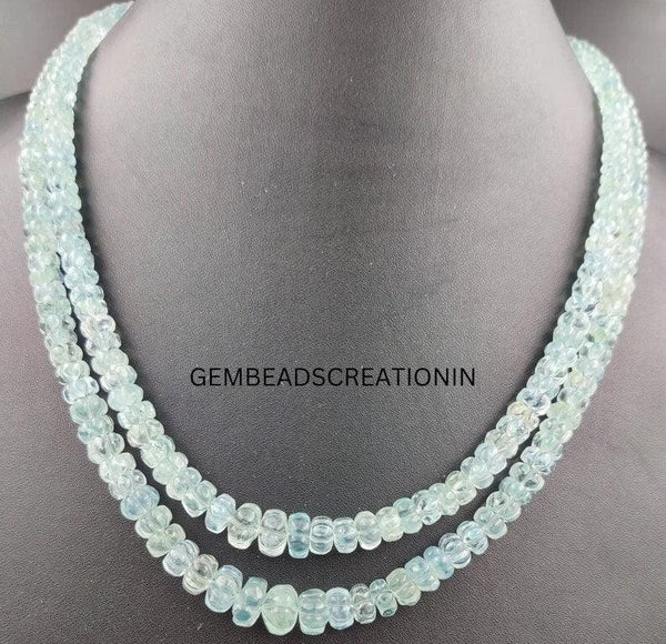 Natural Aquamarine Melon Cut Beads Necklace/Aquamarine Gemstone Necklace/Precious Beads Necklace/Handmade Gemstone Jewelry/Gift For Her