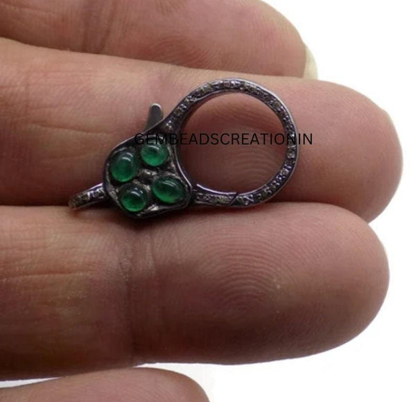 28mm Pave Diamond Emerald Lobster Clasp/925 Oxidized Silver/Diamond Lock/Handmade Jewelry Findings/Diamond Clasp Clip/Necklace Connector