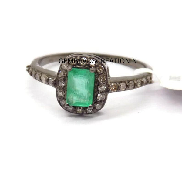 Natural Emerald Ring Pave Diamond Ring 925 Sterling Silver Engagement Ring Diamond Wedding Ring Gift For Her Diamond Jewelry Birthstone Ring