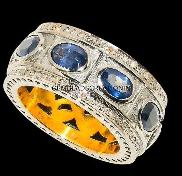 Natural Blue Sapphire Band Ring Pave Diamond Band Ring Victorian Ring Unisex Jewelry Gift Ideas Gemstone Diamond Handmade Jewelry Gifts