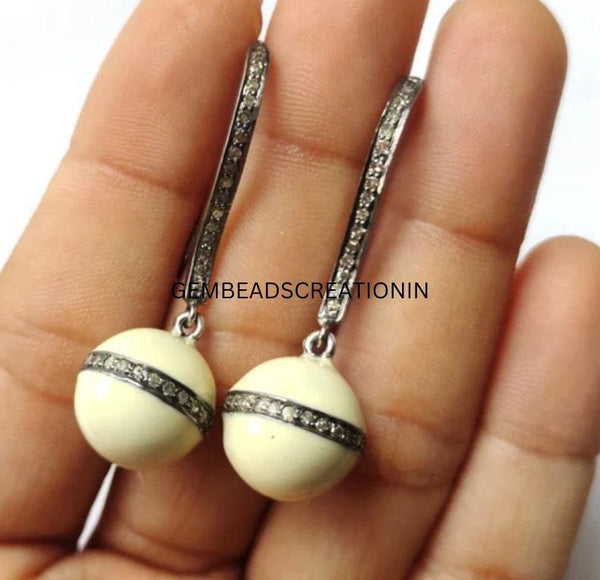 Pave Diamond Enamel Beads Earrings 925 Silver Diamond Hook Earring Round Ball Earring Bakelite Enamel Ball Bead Earring Jewelry Gift For Her