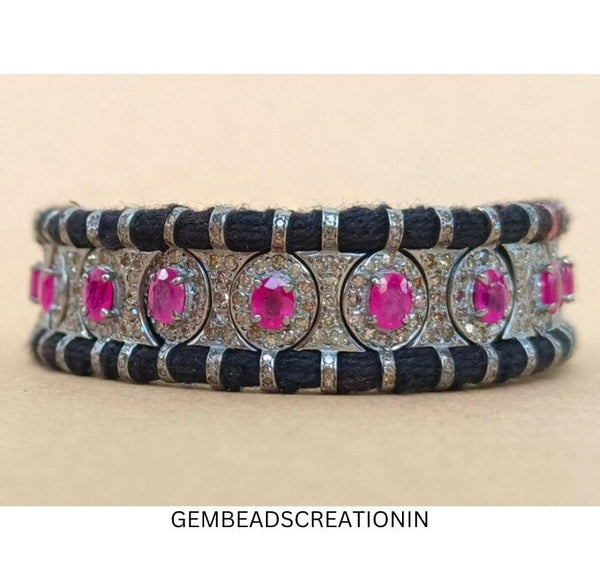 Natural Ruby Bracelet Pave Diamond Macrame Thread Bracelet Handwoven Thread Jewelry Friendship Bracelet 925 Silver Gemstone Gifts