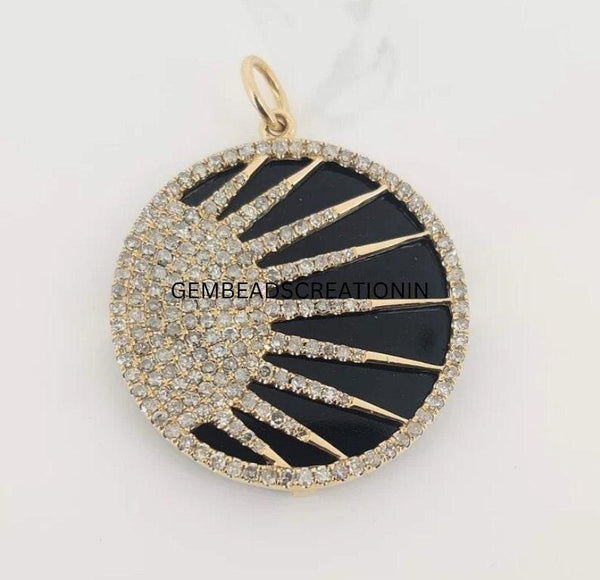 25mm Pave Diamond Sun Pendant Enamel Diamond Necklace Round Coin Pendant Handmade Diamond Jewelry Gift Ideas 925 Sterling Silver