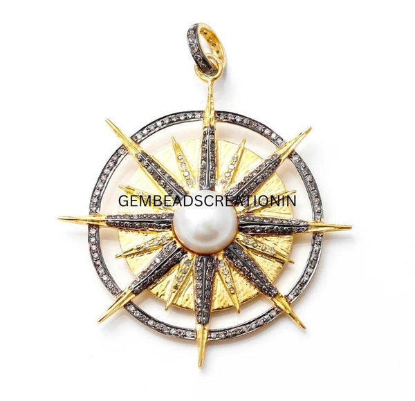 25mm Pave Diamond Starburst Pendant 925 Silver Pearl Diamond Pendant Round Star Pendant Antique Handmade Diamond Jewelry Compass Pendant