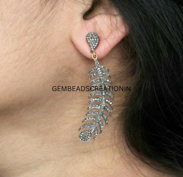 Pave Diamond Feather Earring Dangle Earring Women Earring Jewelry Handmade Jewelry Gift For Her Birthday Anniversary Gift Ideas