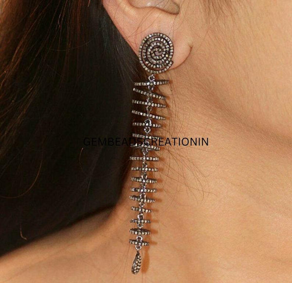 Pave Diamond Spiral Long Earring Dangle Earring Women Earring Jewelry Handmade Fine Jewelry Rondelle Earring Fashion Jewelry Gift For Her