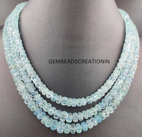 6.5-11mm Natural Aquamarine Gemstone Necklace/Precious Beads Necklace/Handmade Jewelry Necklace/Melon Cut Carving Beads/Wedding Anniversary