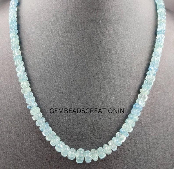 Natural Aquamarine Carving Necklace/Aquamarine Gemstone Necklace/Precious Beads Rondelle Necklace/Handmade Jewelry/Anniversary Gift For Her